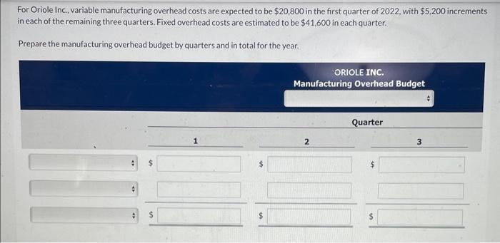  For Oriole Inc, variable manufacturing overhead costs are expected to be