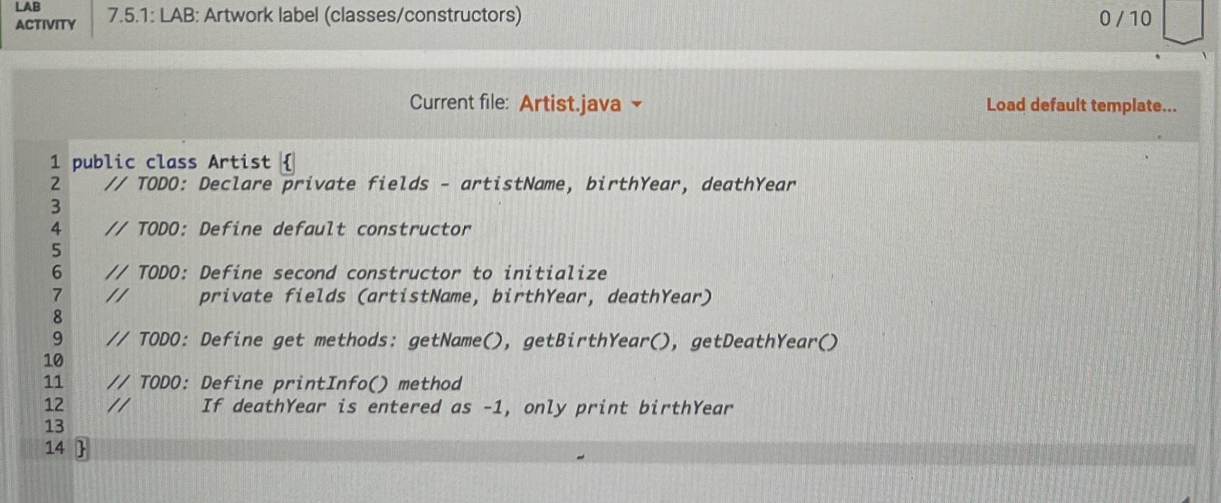 Artist class (in file Artist.java) with constructors to initialize an artist's information,