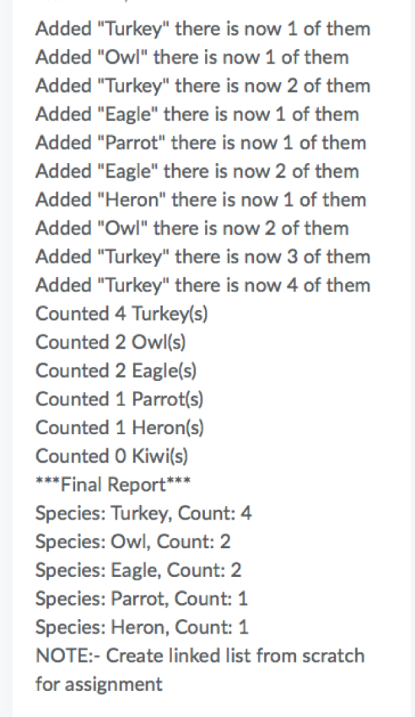 Problem Statement: Write a program to perform a bird survey to count