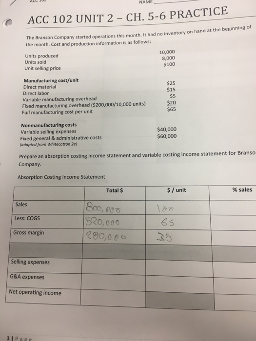  NAME ACC 102 UNIT 2 CH. 5-6 PRACTICE The Branson Company