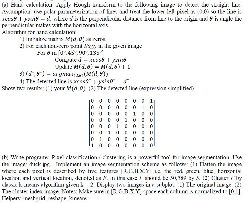  (a) Hand calculation: Apply Hough transform to the following image to