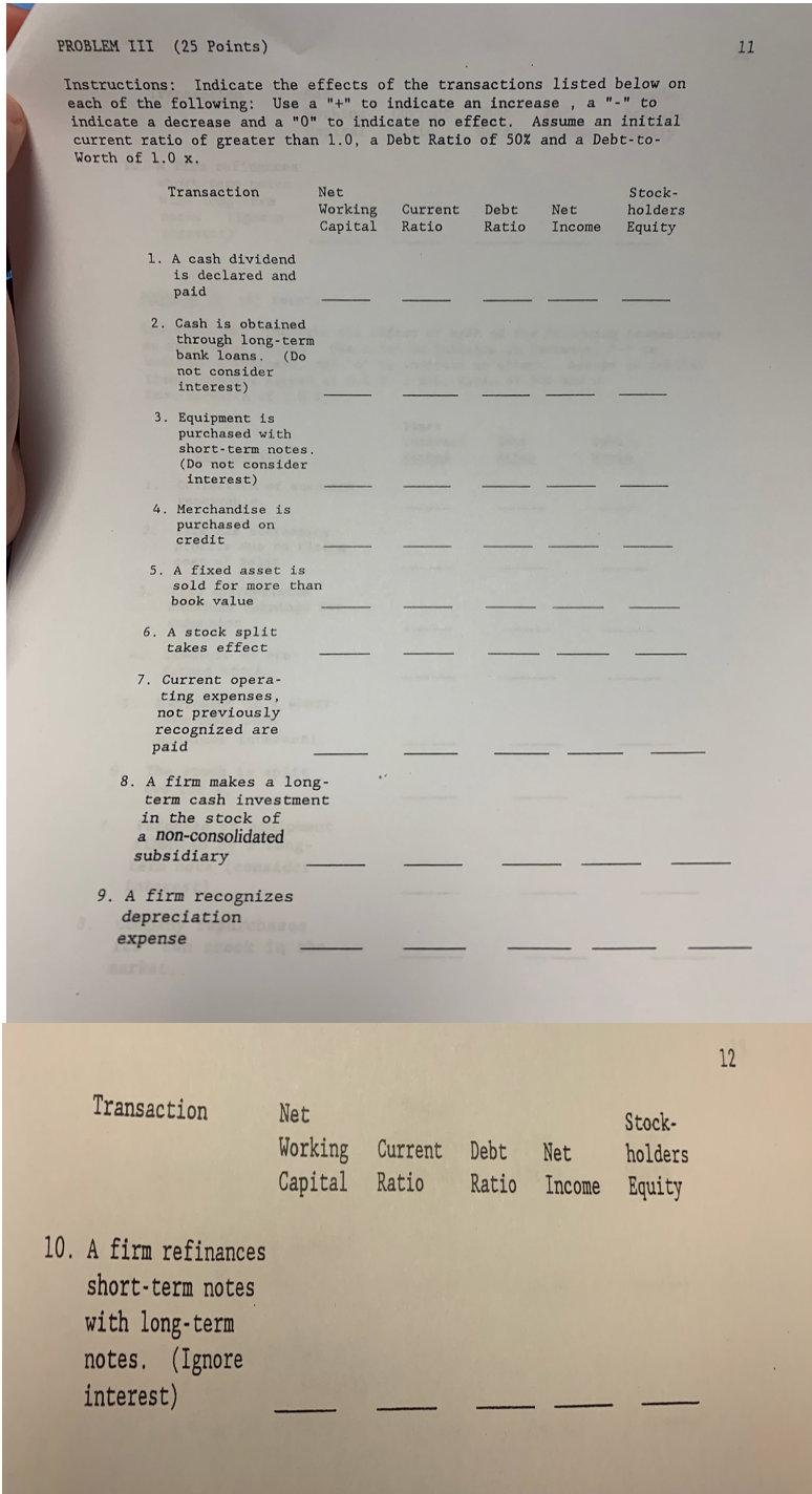 Help need done asap PROBLEM III (25 points) Instructions: Indicate the effects