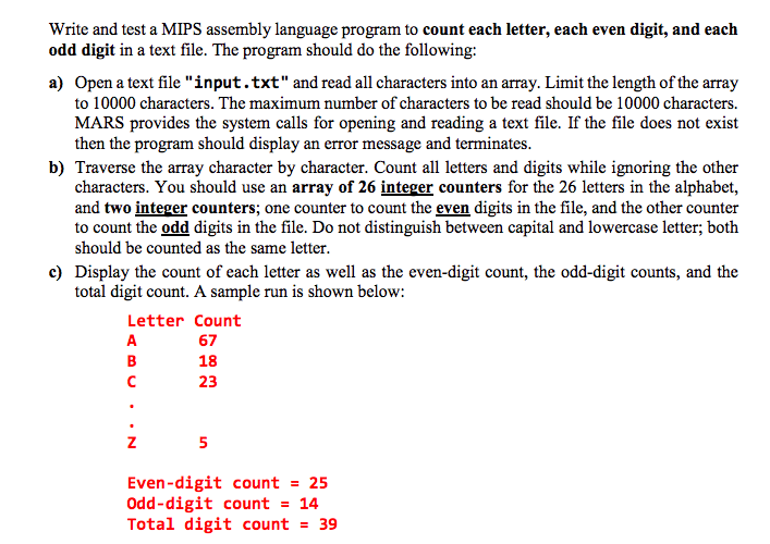  Write and test a MIPS assembly language program to count each
