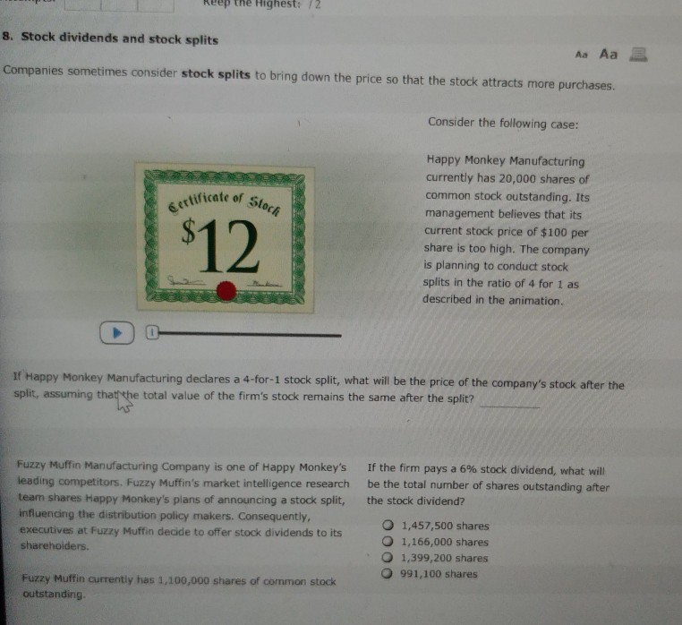  Keep the Highest: /2 8. Stock dividends and stock splits Companies