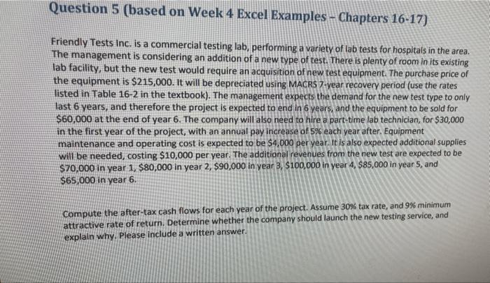 finance for engineers Question 5 (based on Week 4 Excel Examples -