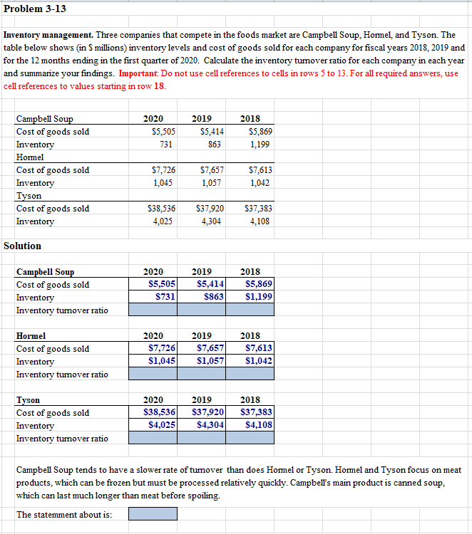 Need help with a finance homework please Problem 3-13 Inventory management. Three