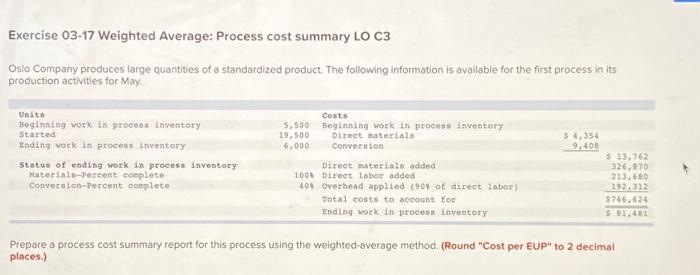  Exercise 03-17 Weighted Average: Process cost summary LO C3 Oslo Company