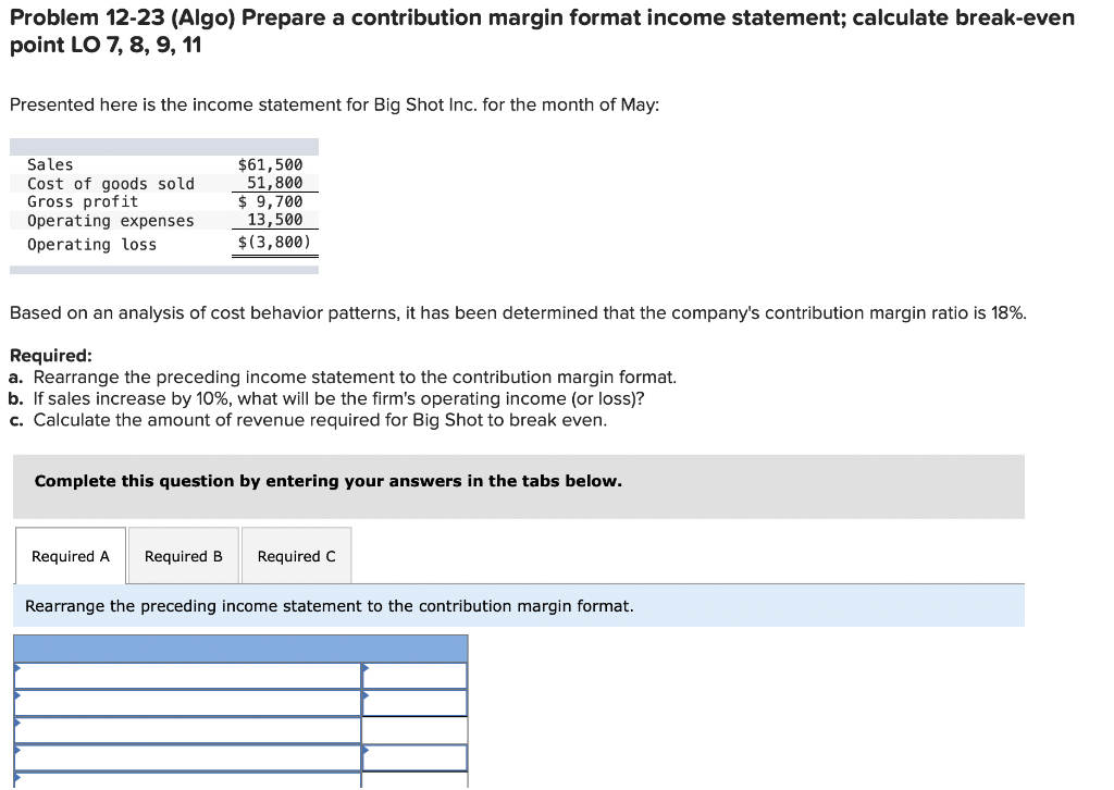  Problem 12-23 (Algo) Prepare a contribution margin format income statement; calculate