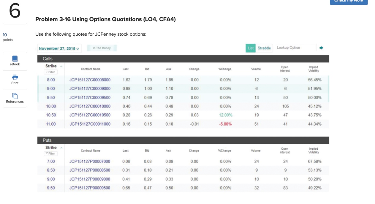LuleLk 19 WUIK Problem 3-16 Using Options Quotations (LO4, CFA4) Use