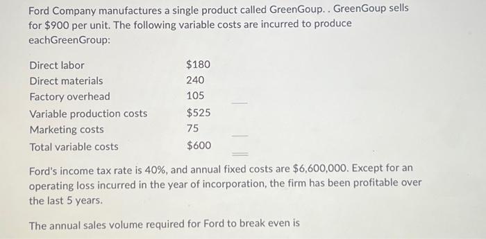 produce eachGreenGroup: Ford's income tax rate is 40%, and annual fixed costs