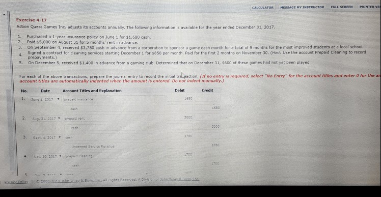  CALCULATOR HESSAGE MY TNSTRUCTOR PULL SCREEN PRINTER Vr Exercise 4-17 Action