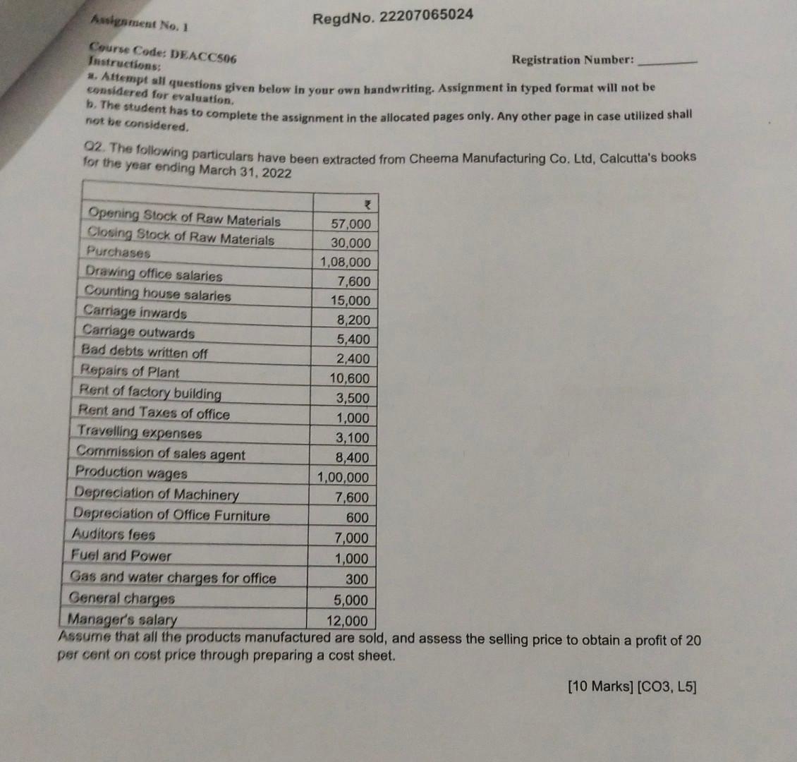  Course Code: DEACC506 Histructions: Registration Number: a. Attempt sll questions given