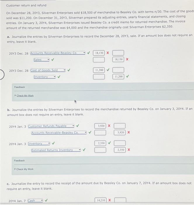 Customer return and refund Customer return and refund On December 28, 20Y3,