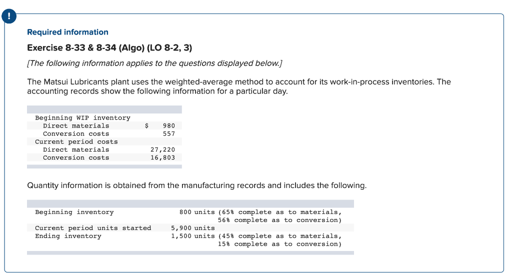  Required information Exercise 8-33 \& 8-34 (Algo) (LO 8-2, 3) [The