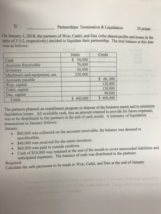 please help Partnerships: Termination & Liquidation 20 points On January 1, 2018,
