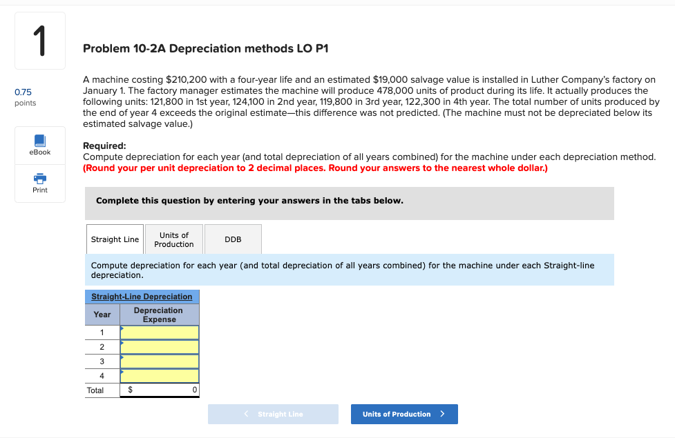 Problem 10-2A Depreciation methods LO P1 A machine costing $210,200 with a