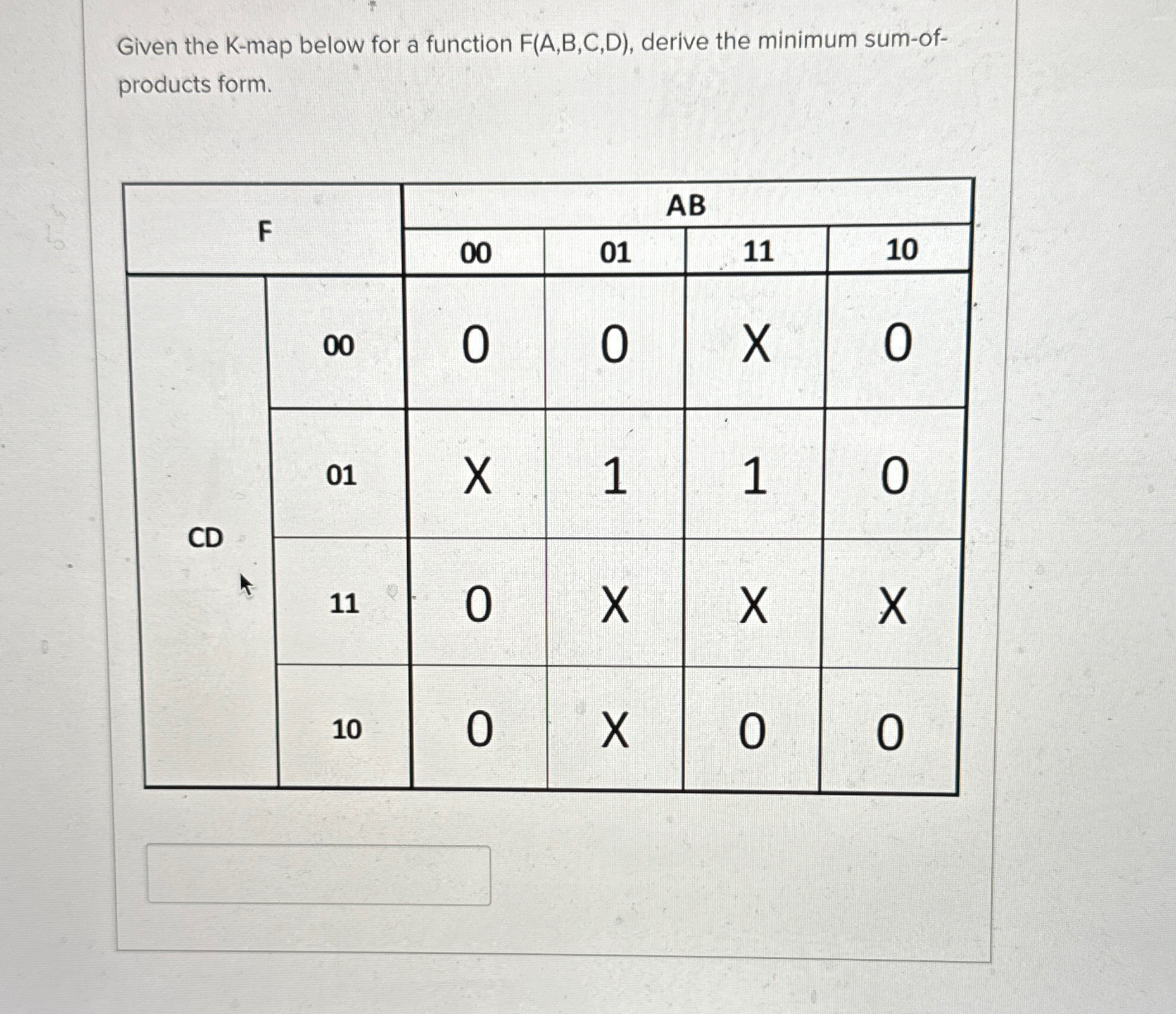  Given the K-map below for a function F(A,B,C,D), derive the minimum