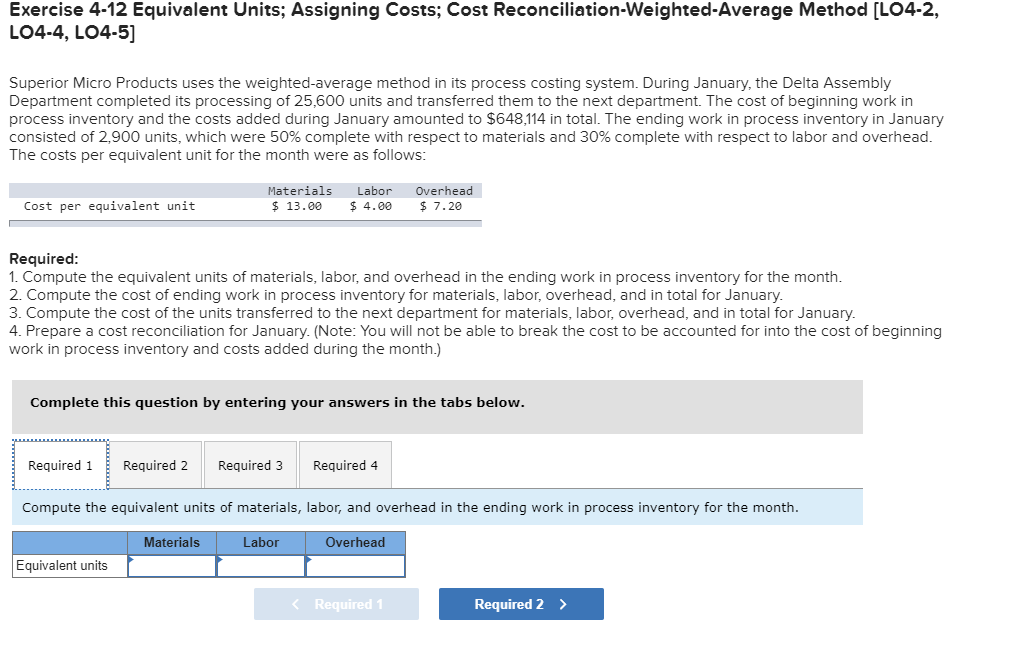  Exercise 4-12 Equivalent Units; Assigning Costs; Cost Reconciliation-Weighted-Average Method [LO4-2, LO4-4,