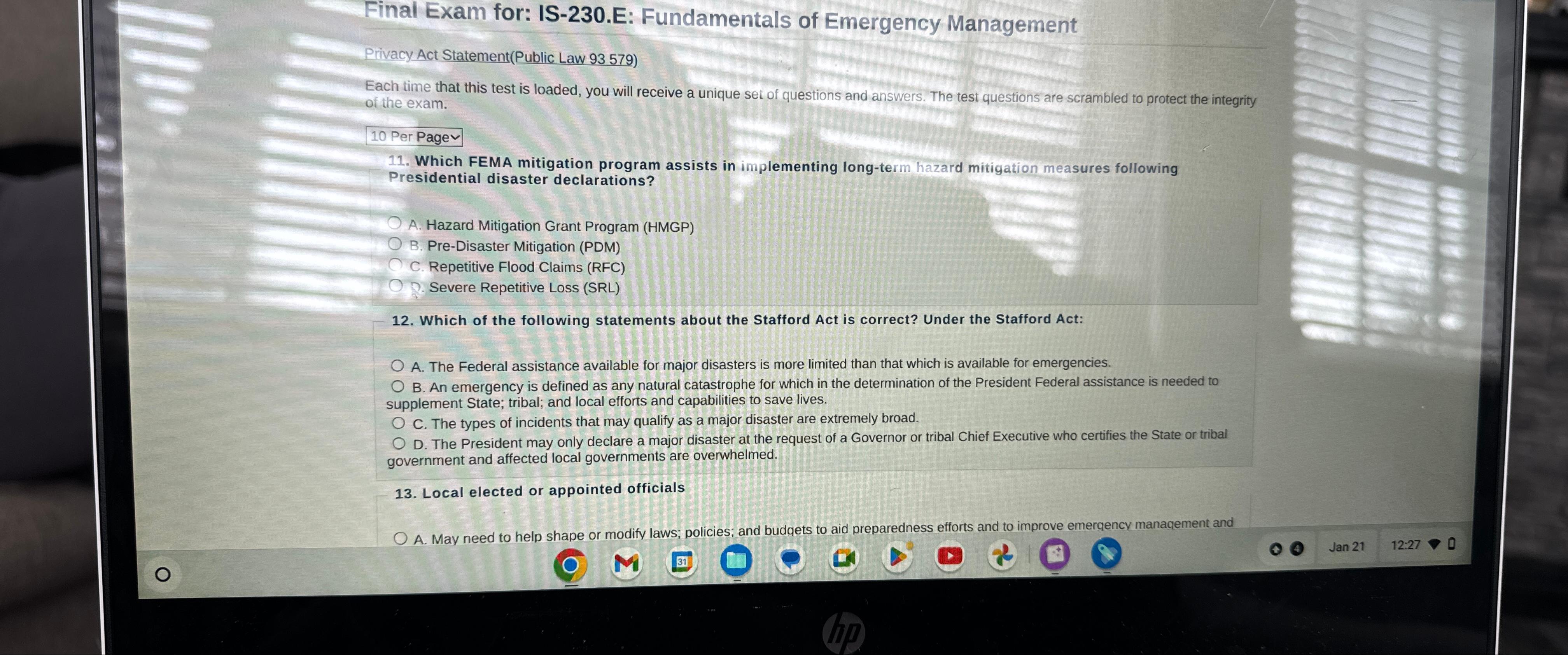  Finai Exam for: IS-230.E: Fundamentals of Emergency Management Privacy Act Statement(Public