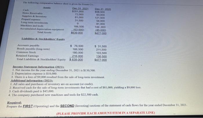  The following comparative balance sheet is given for Extem Co Assets