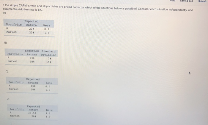  Save & Exit Submit If the simple CAPM is valid and
