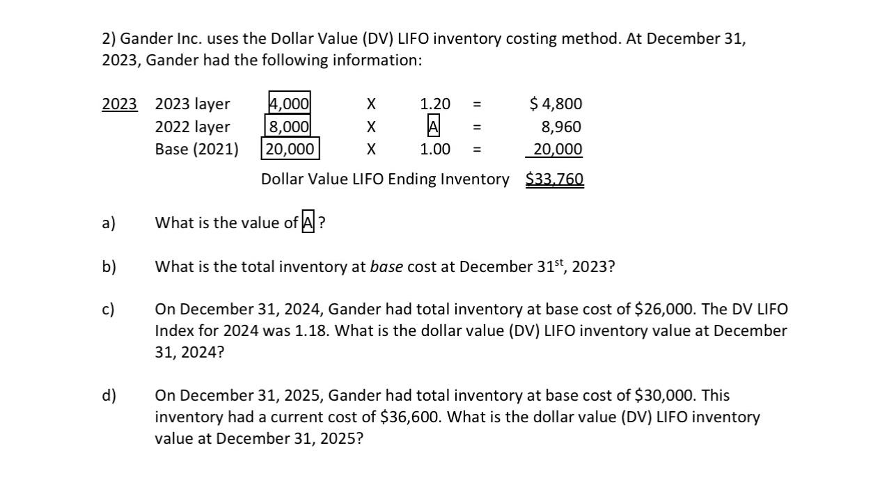 2) Gander Inc. uses the Dollar Value (DV) LIFO inventory costing