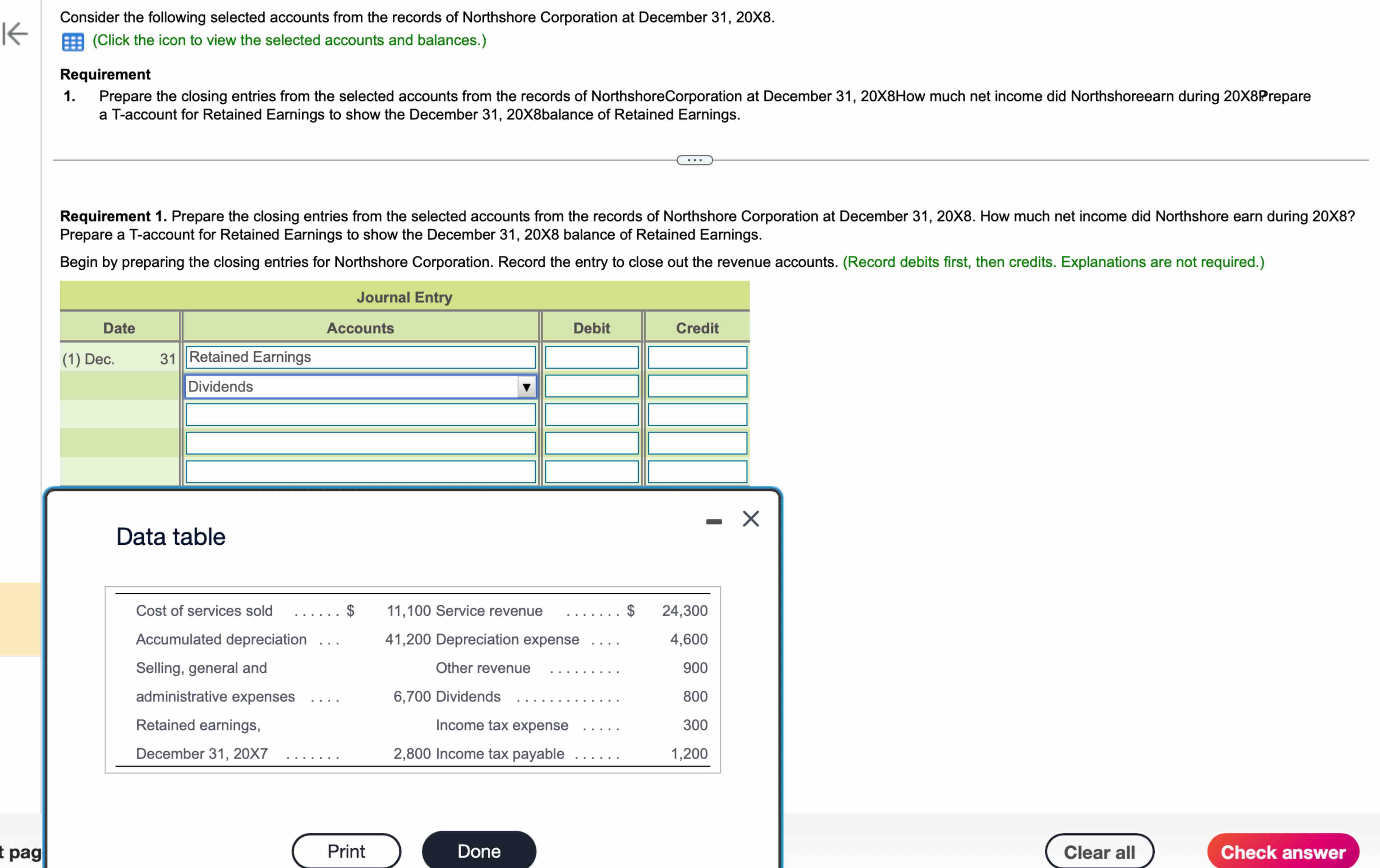  Consider the following selected accounts from the records of Northshore Corporation