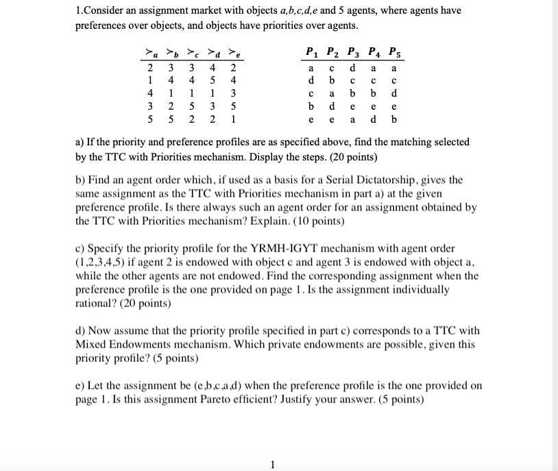 1.Consider an assignment market with objects a,b,c,d,e and 5 agents, where