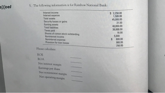  5. Please calculate: ROE ROA Net interest margin Earnings per share