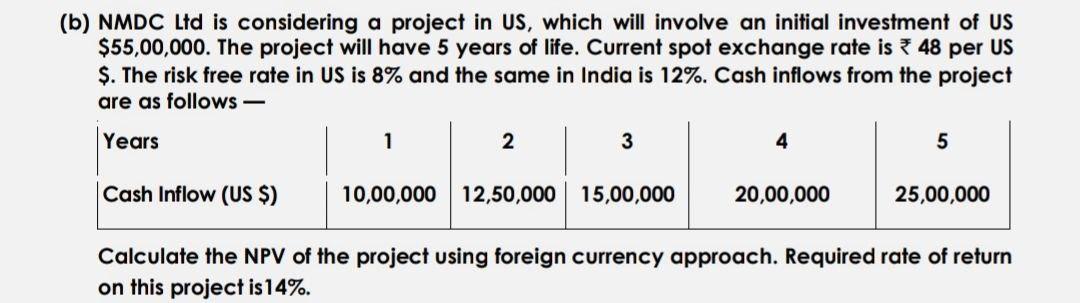 (b) NMDC Ltd is considering a project in US, which will