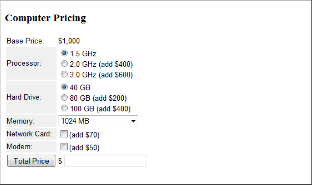 Create a Web page with a form for calculating the cost of