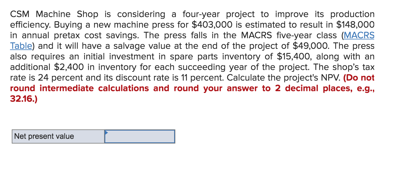  CSM Machine Shop is considering a four-year project to improve its
