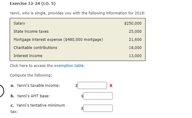 Exemption Table: Exercise 12-24 (Lo. 5) Yanni, who is single, provides