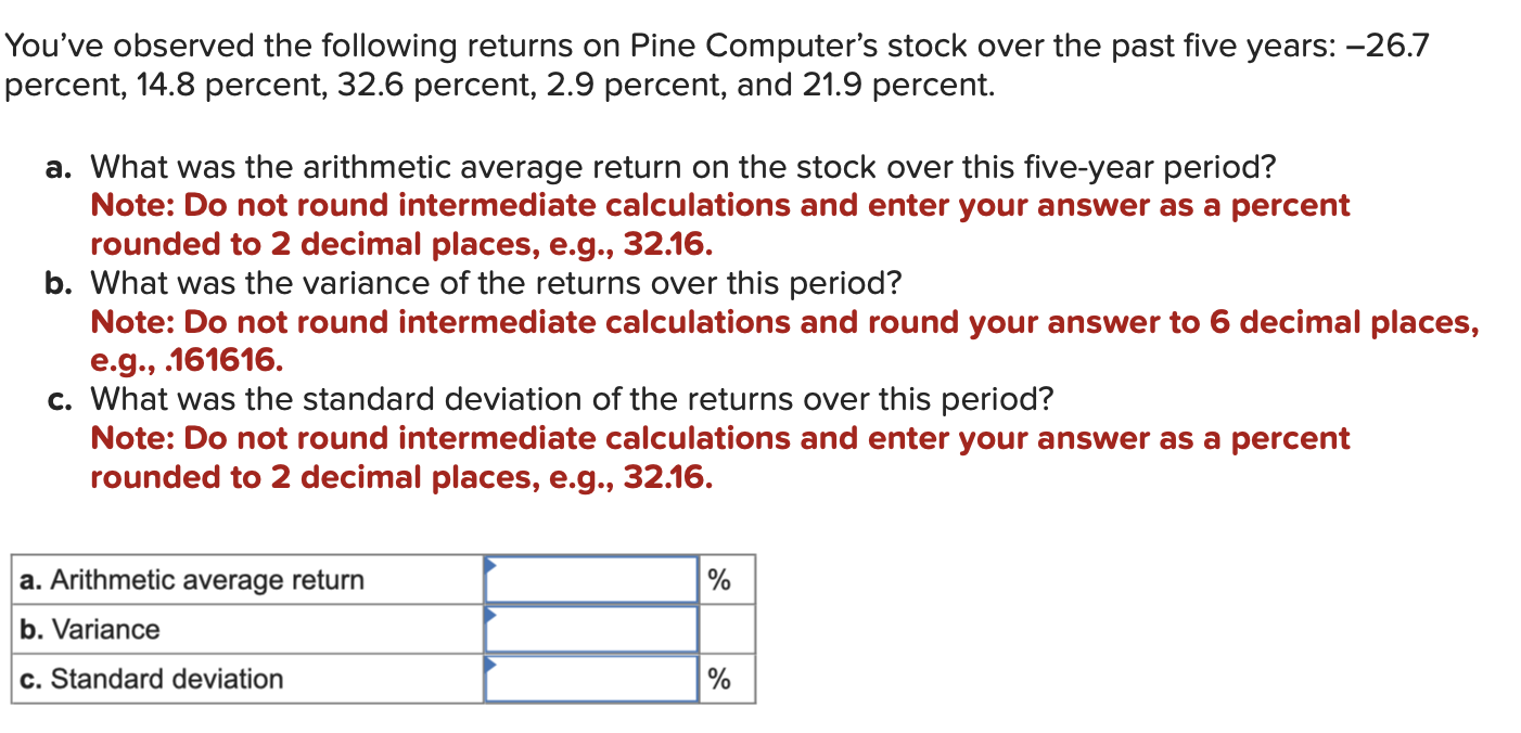  You've observed the following returns on Pine Computer's stock over the