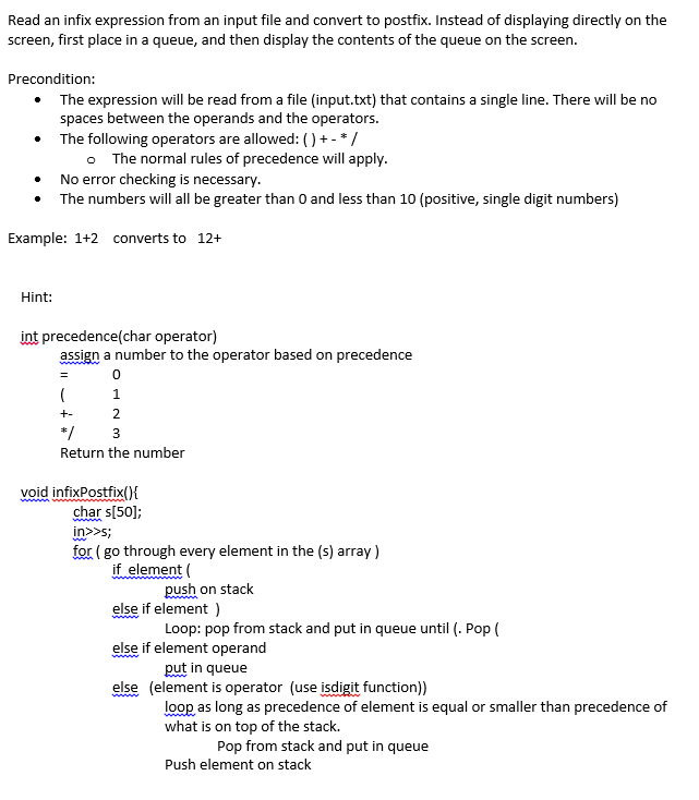 Help with C++ please! Read an infix expression from an input file