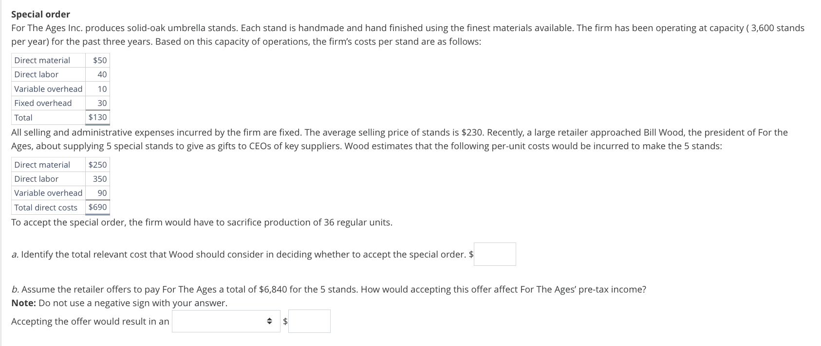  Special order For The Ages Inc. produces solid-oak umbrella stands. Each