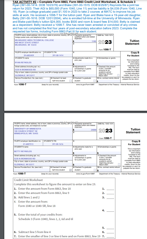  TAX ACTIVITY #2- Complete Form 8863, Form 8863 Credit Limit Worksheet,