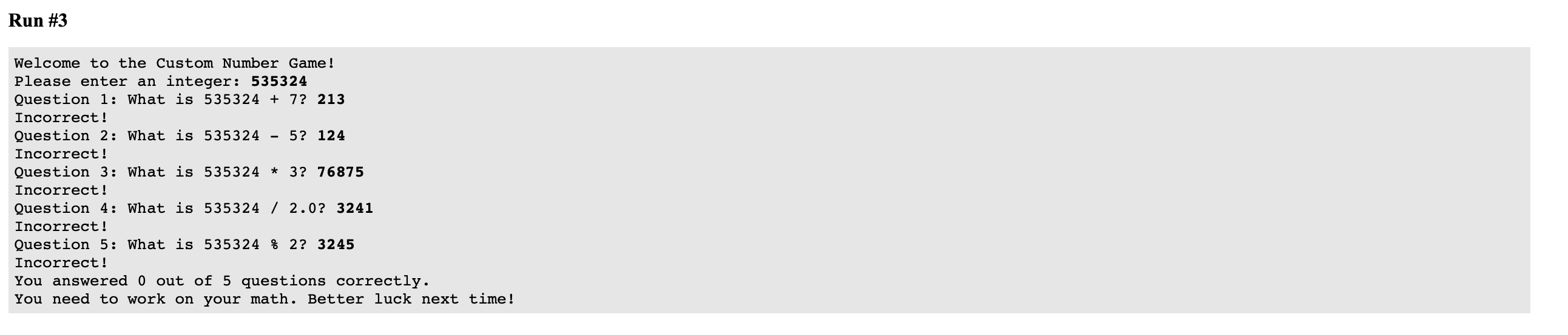 that uses a user-inputted number to provide custom math questions Create a