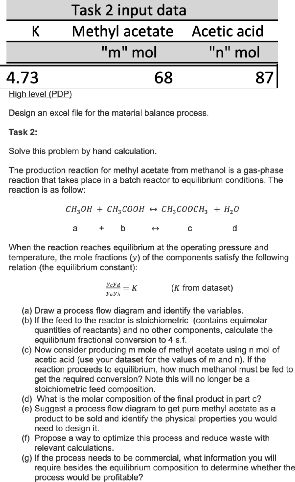  (K =4.73)(methyl acetate =68)(acetic acid =87) Design an excel file for