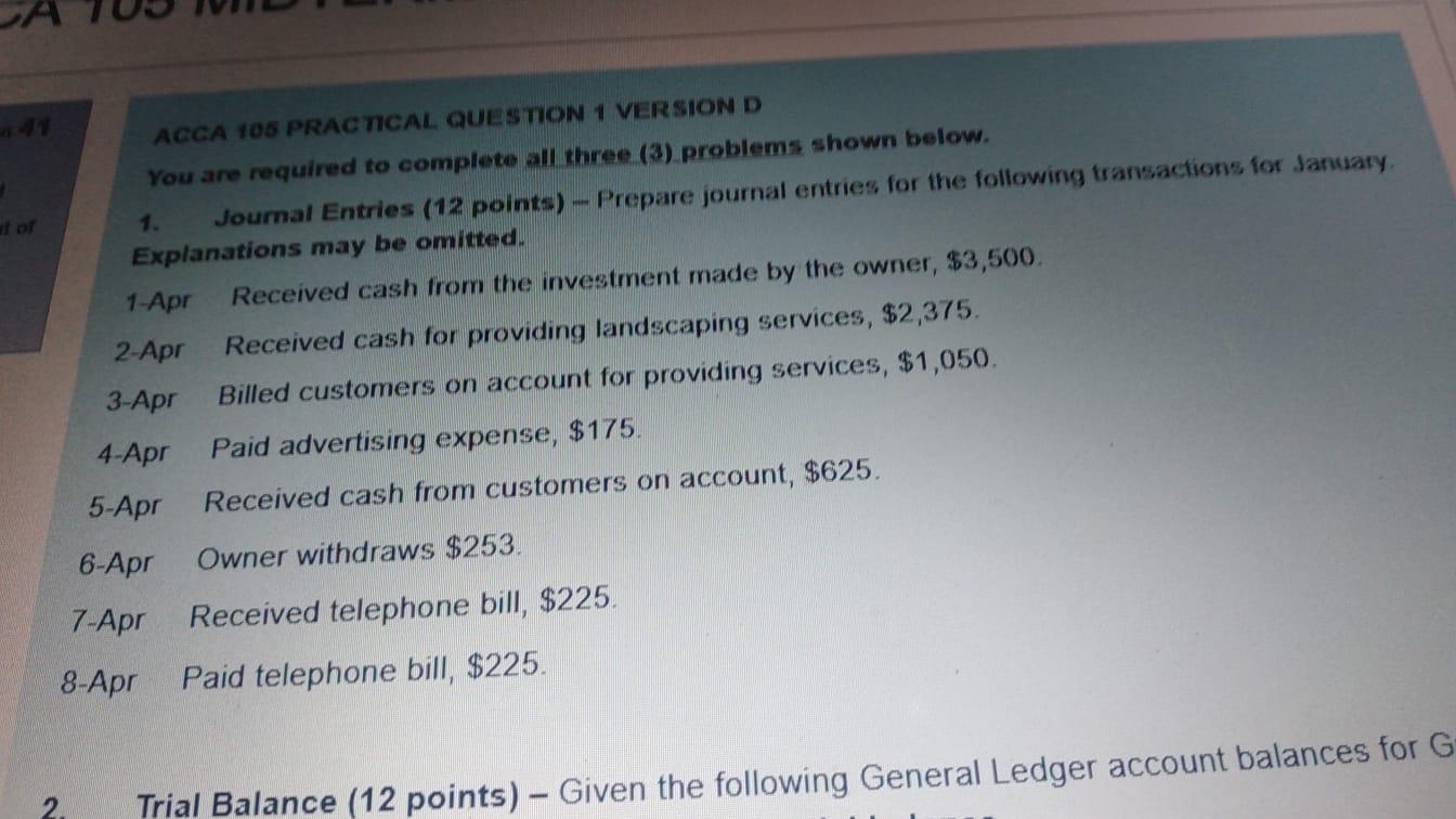  utot ACCA 105 PRACTICAL QUESTION 1 VERSION D You are required