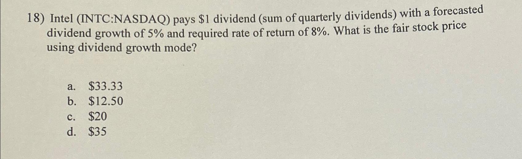  Intel (INTC:NASDAQ) pays $1 dividend (sum of quarterly dividends) with a