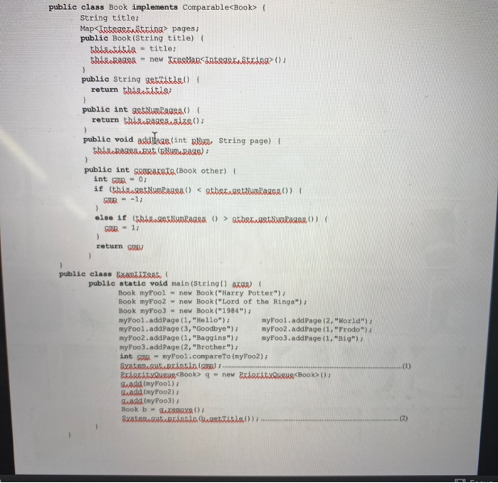  public class Book implements Comparable String title; Map pages; public Book