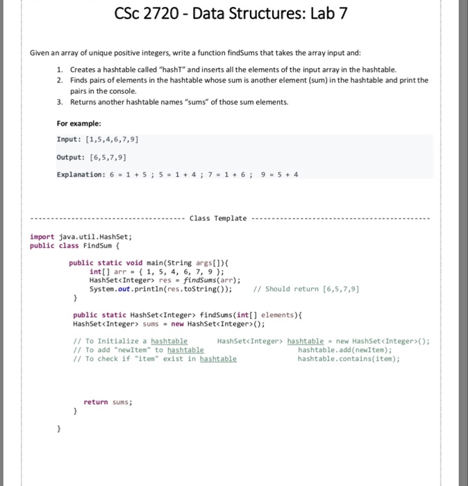  CSc 2720 - Data Structures: Lab 7 Given an array of