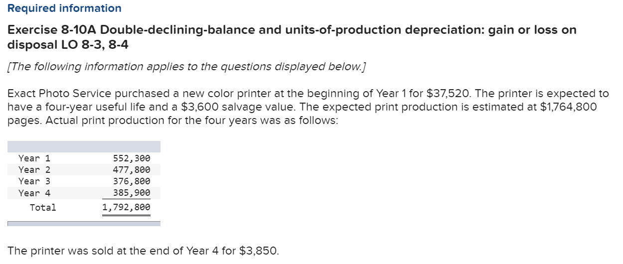 Required information Exercise 8-10A Double-declining-balance and units-of-production depreciation: gain or loss