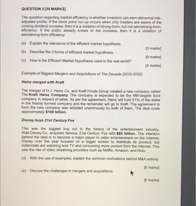  Detailed Answer please QUESTION 3 [30 MARKS] The question regarding market