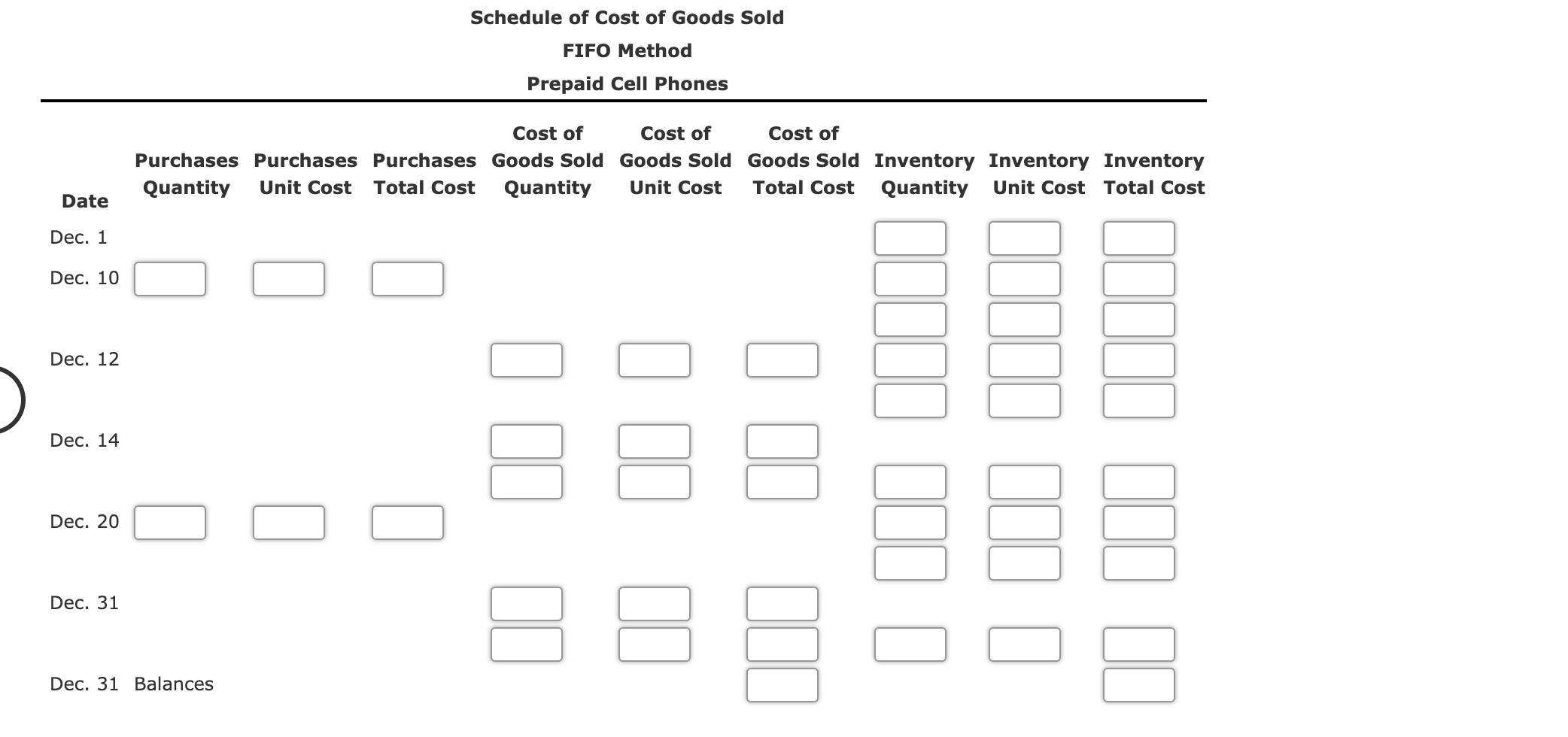 prepaid cell phones for December are as follows: Inventory Purchases Sales Dec.