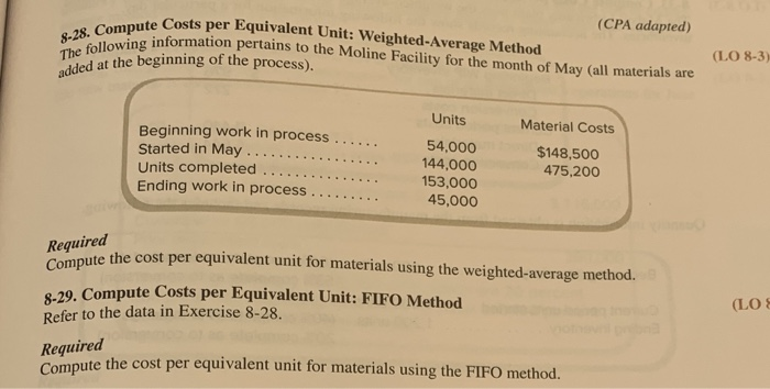  8-28. Compute Costs per Equivalent Unit: Weighted-Average Method The following information
