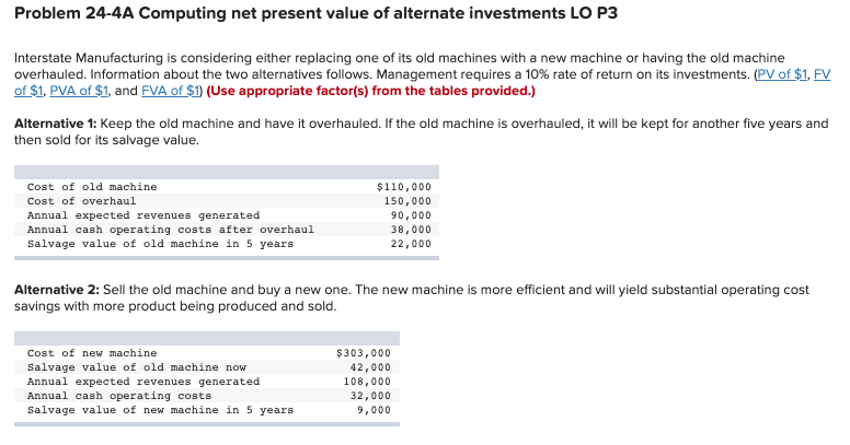 Problem 24-4A Computing net present value of alternate investments LO P3