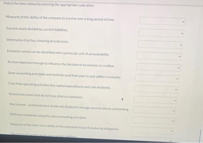  Match the items below by entering the appropriate code letter. Measures