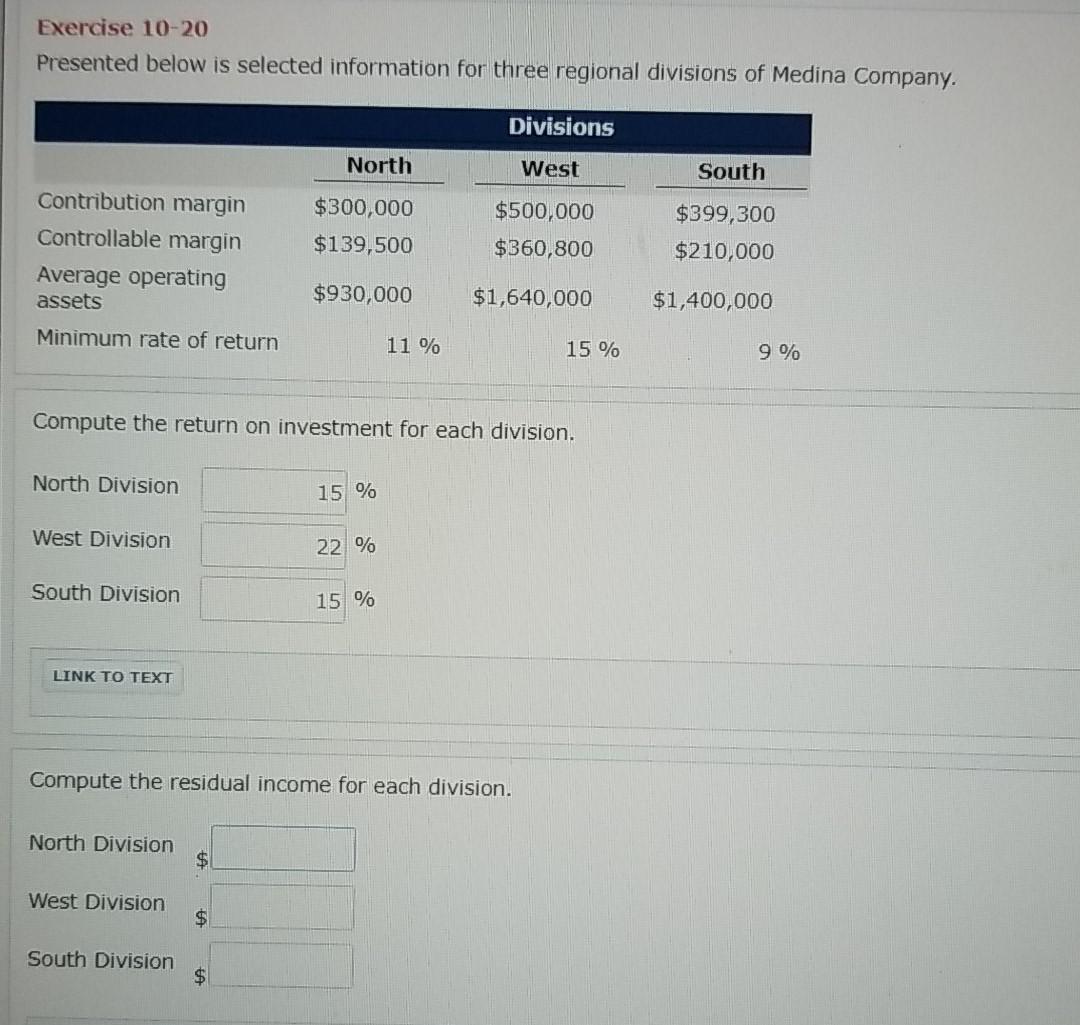Exercise 10-20 Presented below is selected information for three regional divisions